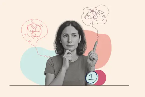 Kobieta z zamyśloną miną, nad nią kłębek myśli. Czy to obraz związku z osobą chorą na nerwicę?