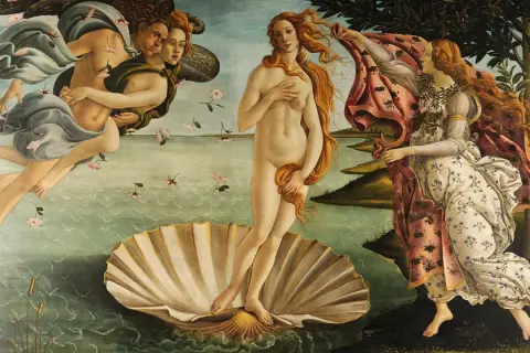 Narodziny Wenus. Idealne proporcje, harmonia i piękno ciała, cechy rzeźby renesansowej, ukazane w scenie mitologicznej.