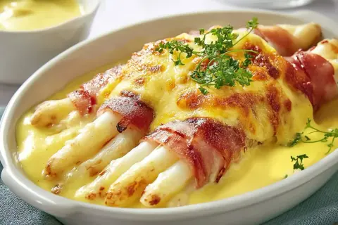 Spargel in Schinken eingerollt, überbacken mit Käse und serviert in einer cremigen Sauce.