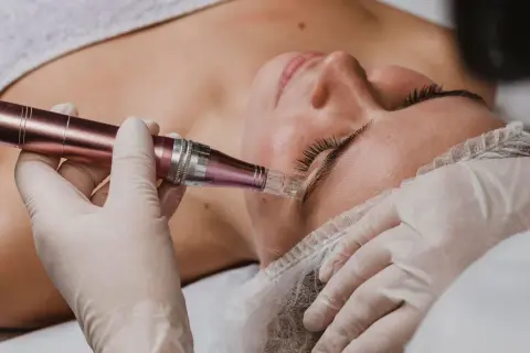 Un profesional realiza un microneedling facial con un dispositivo de microagujas para mejorar la piel.