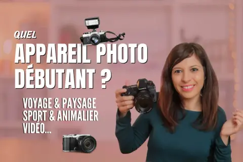 Une femme souriante tient un appareil photo, avec d'autres appareils photo et du texte sur le choix d'un appareil photo pour débutants.