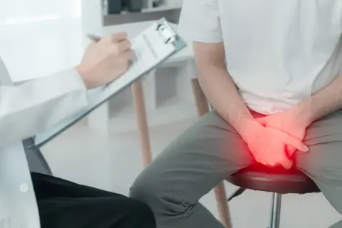 Lekarz spisuje zalecenia po cystoskopii. Pacjent siedzi, trzymając ręce na kroczu, gdzie widoczny jest czerwony obszar bólu.