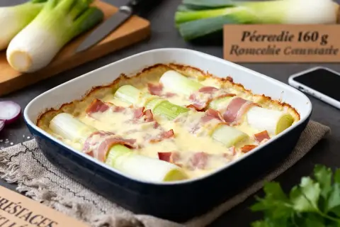 Un délicieux gratin de poireaux, enveloppés de lardons et nappés d'une sauce crémeuse, sort du four.