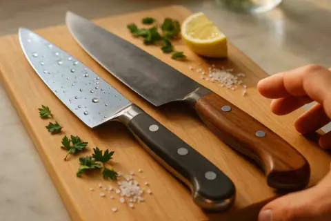Dos cuchillos de cocina de alta calidad, uno con gotas de agua, sobre una tabla de madera. El acero sueco brilla, listo para preparar ingredientes frescos.
