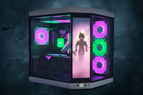 Ein Gaming-PC mit ARGB-Beleuchtung, die einen Anime-Charakter in Szene setzt. Die Lüfter leuchten in Pink und Grün, ein starker Kontrast zu reinem RGB.