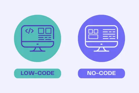 Icônes comparant le développement no-code (sans code) et low-code (peu de code) sur des écrans d'ordinateur.