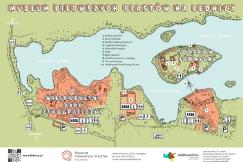 Mapa Muzeum Pierwszych Piastów na Ostrowie Lednickim. Widok na jezioro, grodzisko, skansen i ścieżki.