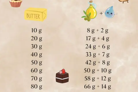 Tableau comparatif pour remplacer le beurre par l'huile dans vos recettes. Apprenez à doser l'huile et l'eau pour des résultats similaires.