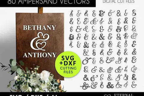 Panneau en bois avec "Bethany & Anthony", entouré de fleurs. À droite, 80 vecteurs d'esperluettes variés.