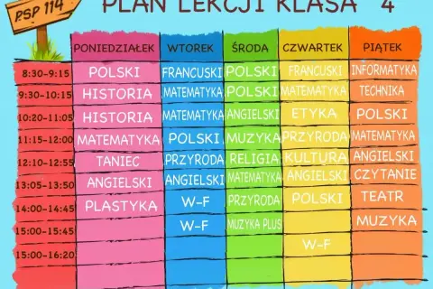 Plan lekcji klasy 4. Poniedziałek: polski, historia, matematyka, taniec, angielski, plastyka. Wtorek: francuski, matematyka, polski, przyroda, angielski, WF. Środa: polski, matematyka, angielski, religia, matematyka, przyroda. Czwartek: francuski, mate...
