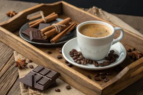 Une tasse de café fumant, du chocolat noir, des bâtons de cannelle et des grains de café sur un plateau en bois. Un délice pour les amateurs de thé et de chocolat.