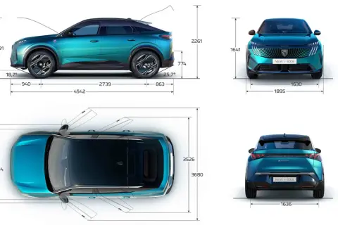 Peugeot 3008 wymiary: długość 4542 mm, szerokość 1895 mm, wysokość 1641 mm. Widok z boku, przodu, tyłu i z góry z wymiarami.