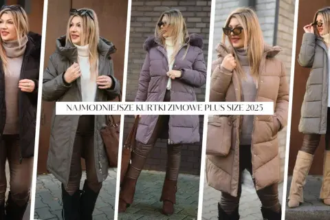 Kobiety prezentują modne kurtki zimowe plus size XXL w różnych kolorach. Stylowe, ciepłe okrycia na zimę.