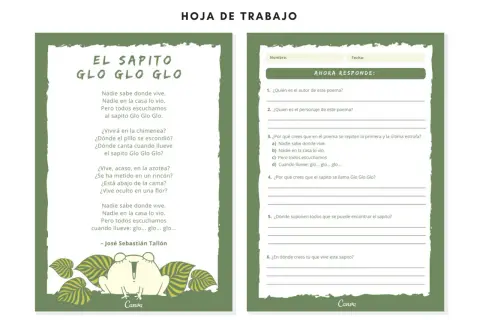 Ficha lectura del poema "El sapito Glo Glo Glo", con preguntas para responder sobre el texto y su personaje.