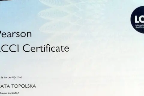 Certyfikat językowy Pearson LCCI dla Beaty Topolskiej.