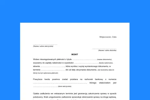 Wezwanie do zapłaty z nagłówkiem MONIT, zawierające dane wierzyciela i dłużnika, kwotę należności oraz termin płatności.