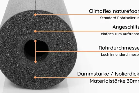 Schwarze Rohrisolierung mit 30mm Materialstärke. Ideal zum heizungsrohre isolieren, da sie angeschlitzt und einfach zu verarbeiten ist.