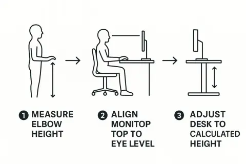 Diagram shows how to determine how tall should a desk be: measure elbow height, align monitor to eye level, then adjust desk.