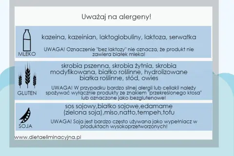Informacje o alergenach: mleko (kazeina, laktoza), gluten (skrobia pszenna, żyto), soja. Uważaj na skazę białkową!