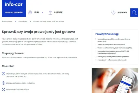 Dłoń trzymająca smartfon z widocznym ekranem aplikacji do sprawdzania statusu prawa jazdy.