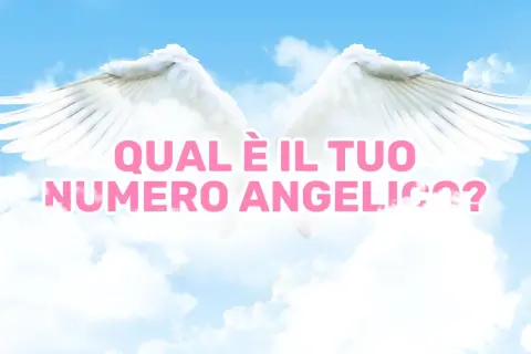 Ali bianche su cielo azzurro con nuvole. Testo rosa: "Qual è il tuo numero angelico?". Scopri come si calcola il numero angelico.