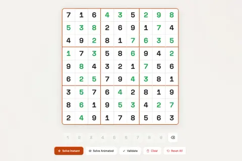 Rozwiązujesz zagadkę z liczbami od 1 do 9. Plansza Sudoku wypełniona jest cyframi, niektóre z nich są zielone.