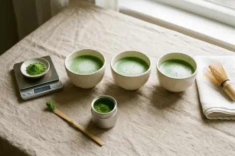 Trois bols de matcha mousseux, une balance, une cuillère en bambou et un fouet. La préparation parfaite pour une dose de matcha cafeine.