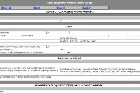 Fragment księgi wieczystej, który pomoże Ci zrozumieć, jak czytać księgę wieczystą. Zawiera dane o nieruchomości i lokalu.