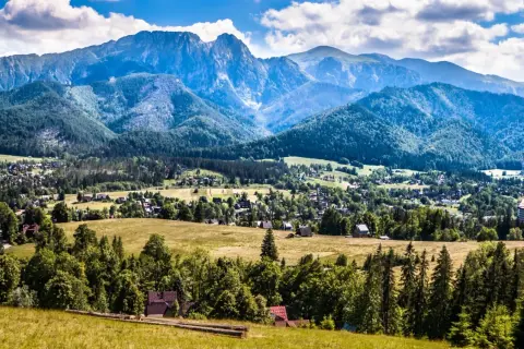 Widok na Zakopane z górami w tle. Warto sprawdzić ceny noclegów i atrakcji, by zaplanować udany pobyt.
