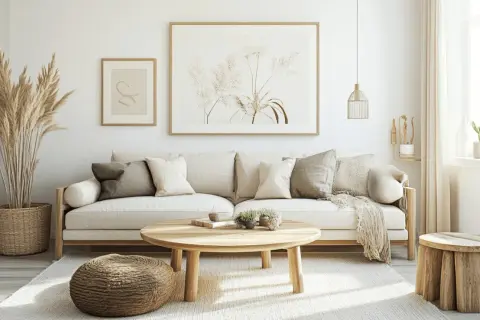 Helle, skandinavische Wandfarbe im Wohnzimmer, kombiniert mit einem beigen Sofa, Naturmaterialien und Pflanzen für eine gemütliche Atmosphäre.