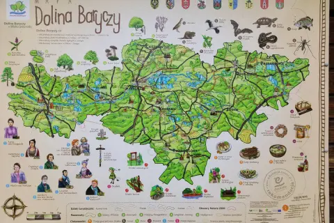 Mapa **parku krajobrazowego Dolina Baryczy** z zaznaczonymi atrakcjami przyrodniczymi, historycznymi i kulturalnymi.