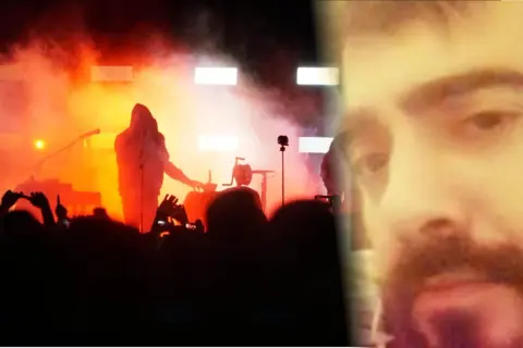 Gennaro Nocerino liberato sul palco, tra fumo e luci arancioni, con il volto sovrapposto.