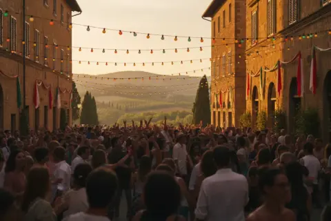Festa in piazza a San Panfilo Sulmona, con luci colorate e gente che balla.