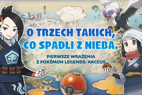 Dwie postacie z gry Pokémon Legends: Arceus, jedna z pokeballem, druga z pokeballem na ramieniu, na tle mapy Sinnoh.