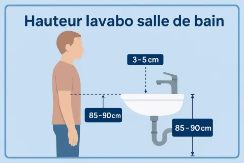 Illustration showing the ideal hauteur meuble salle de bain. Le lavabo est à 85-90 cm du sol, et le robinet dépasse de 3-5 cm.