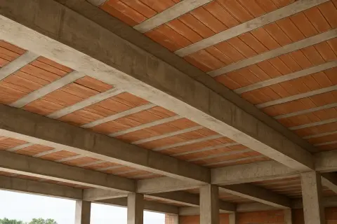 Widok na betonowe belki i pustaki ceramiczne, tworzące konstrukcję stropu. Różne rodzaje stropów w budownictwie.