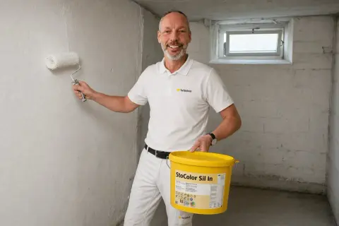 Mann streicht Kellerwand im Altbau mit weißer Farbe. Er hält eine gelbe Farbeimer-Marke "StoColor Sil In".