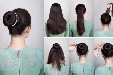 Tutorial paso a paso para crear un moño alto elegante. Cabello recogido en coleta, enrollado y asegurado con horquillas.