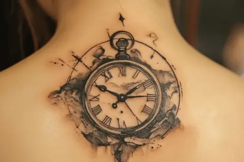 Ein detailliertes Tattoo einer Taschenuhr mit römischen Ziffern und Wolken. Die tattoo uhrzeit digital ist hier kunstvoll dargestellt.