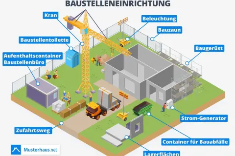 Ein detailliertes Beispiel für Baustelleneinrichtung: Kran, Container, Büro, Toilette, Bauzaun, Gerüst, Beleuchtung, Strom-Generator und Lagerflächen sind zu sehen.