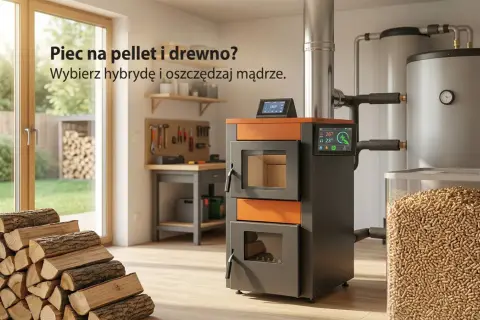 Jaki piec do domu 200m2? Hybrydowy piec na pellet i drewno to mądry wybór. Obok stos drewna i zasobnik pelletu.