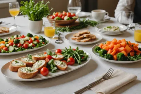 Une table dressée avec des salades colorées, des toasts au fromage frais et des jus d'orange. Une entrée simple et bluffante pour un repas convivial.