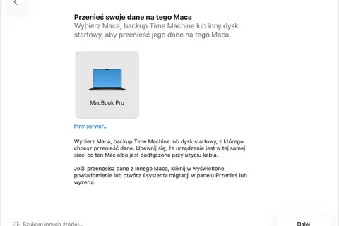 Jak przenieść dane z Maca na Maca? Wybierz źródło danych: MacBook Pro, backup Time Machine lub inny serwer.