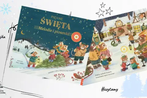 Myszki grają kolędy na harmonijce, tworząc świąteczną atmosferę. Ilustracja z książki "Piękne Święta".