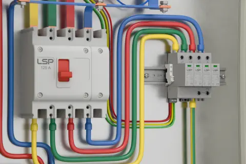 W skrzynce elektrycznej widać wyłącznik i moduły przepięciówki, połączone kolorowymi przewodami.