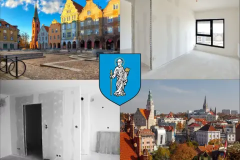 Olsztyn: Rynek, wnętrza w remoncie, panorama miasta i herb.