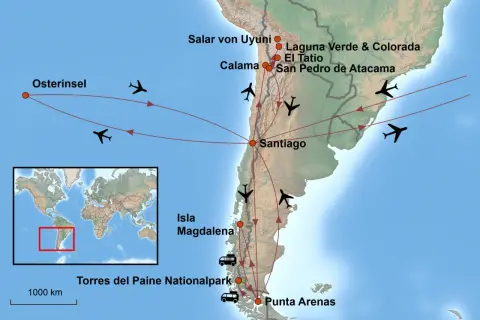 Reiseroute für Chile-Backpacking: Von Osterinsel über Atacama & Uyuni nach Patagonien. Flugzeuge und Busse markieren die Stationen.