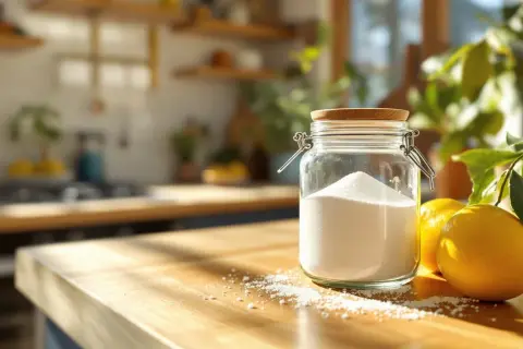 Barattolo di acido citrico, un alleato naturale per la lavatrice, accanto a limoni freschi su un tavolo di legno.
