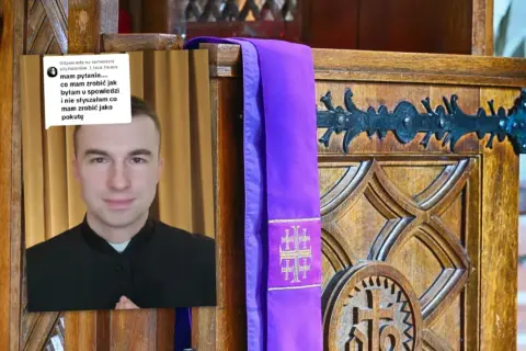 Komentarz pod filmem o najczęstszych pokutach po spowiedzi. Młody ksiądz w czerni.