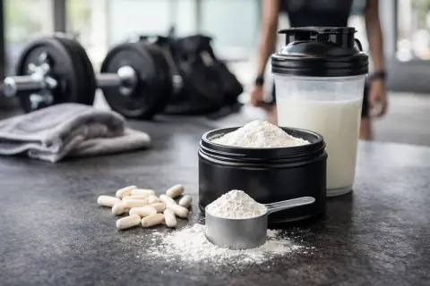 Poudre et capsules de BCAA, shaker de lait, haltères et serviette dans une salle de sport. Idéal pour savoir quand prendre BCAA.